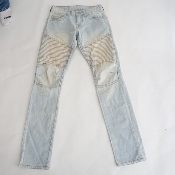 True Religion World Tour Section Moto Light Wash Skinny Blue Denim Jeans 28 - Picture 1 of 16
